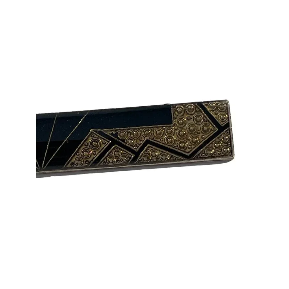 VTG Art‎ Deco Geometric Black Gold Tone Enamel Bar Pin Brooch